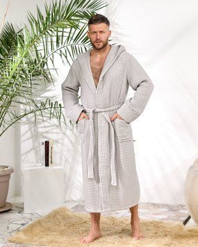 Чоловічий вафельний халат з капюшоном світло-сірий ВХЧ7 фото