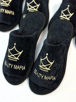 Махрові капці з логотипом Beauty Mafia відкриті на підошві ПВХ ББК5 фото