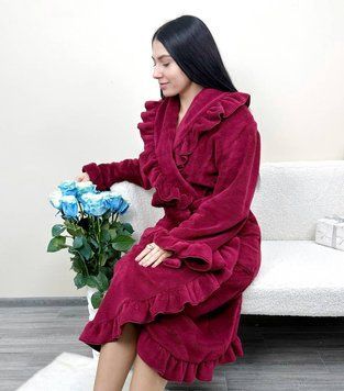 Жіночий плюшевий халат з коміром та оборками бордовий ХПЖ8 фото